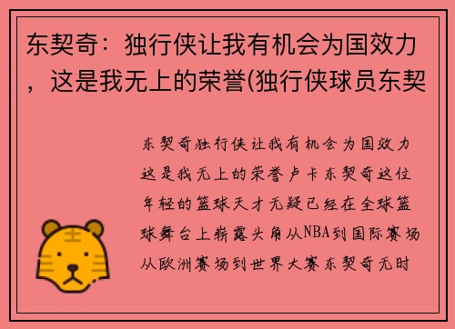 东契奇：独行侠让我有机会为国效力，这是我无上的荣誉(独行侠球员东契奇介绍)